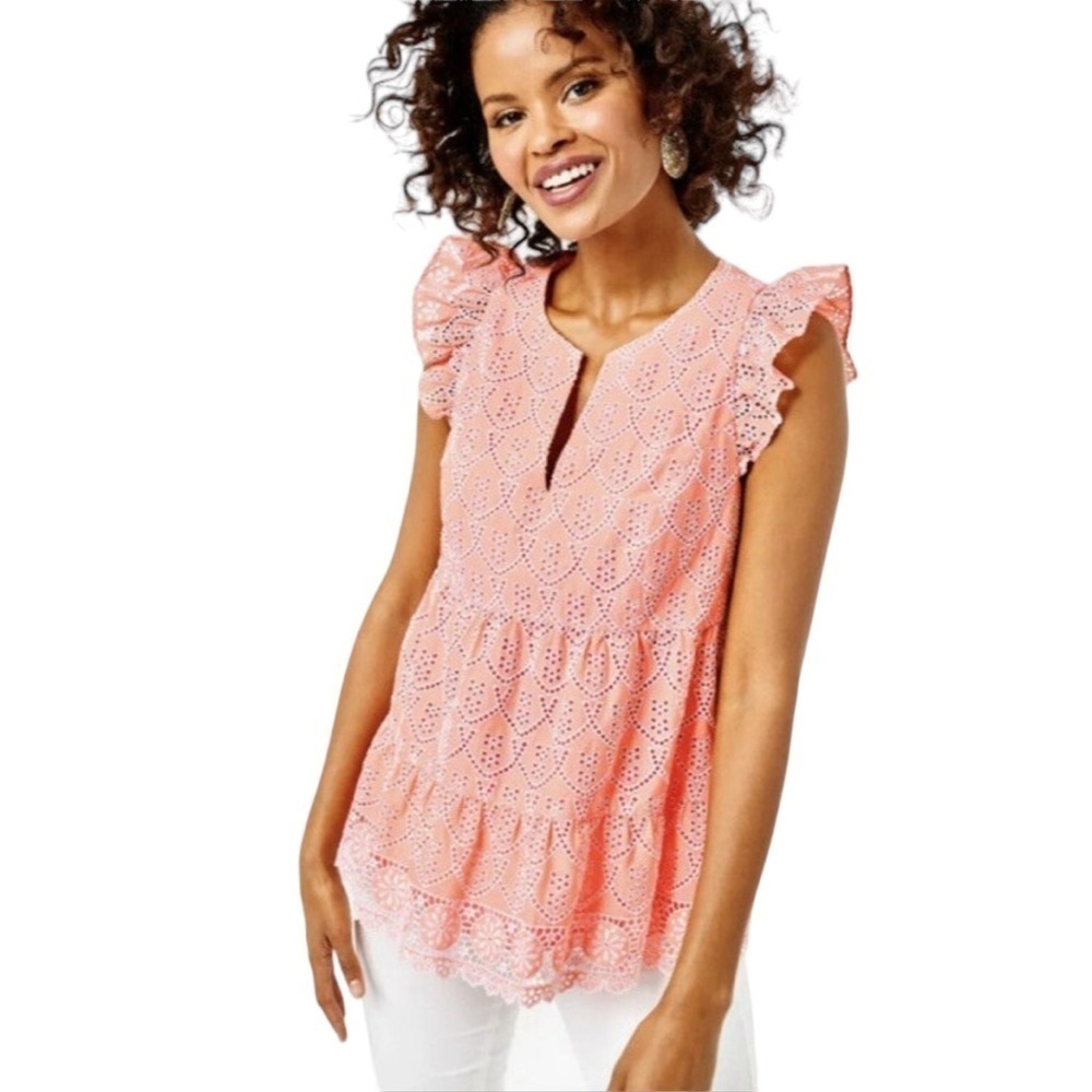 Lilly‎ Pulitzer Coquette Top Ruffle Keyla Babydoll Size 2 Eyelet Lace Flutter